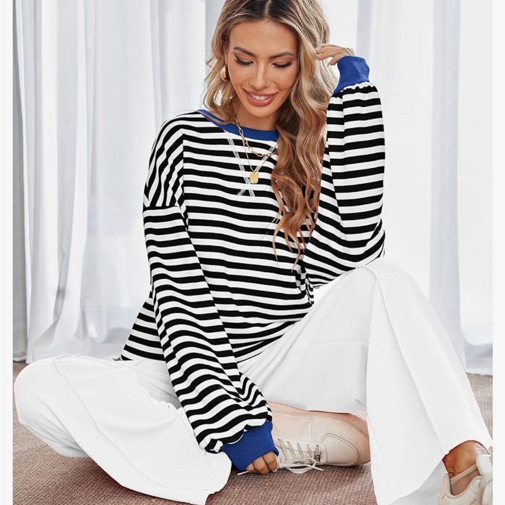 Kikibell Striped Nautical Coastal Balloon Sleeve Sweatshirt Size S